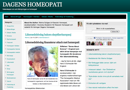 Läkemedelsbolag sponsrar skeptiker - Skärmdump från Dagens Homeopati