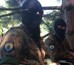 Mikola,   “Lemko” and Severin,   three foreign volunteers fighting with the Azov Battalion. Photograph: Daniel McLaughlin