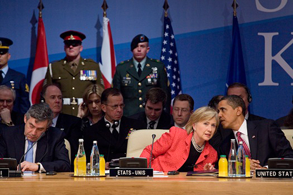 Barack Obama,   Hillary Clinton, Gordon Brown 2009 NATO summit - Public Domain - White House photo by Pete Souza