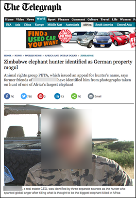 Den utpekade elefantjägaren figurerar i media. Skärmdump: The Telegraph