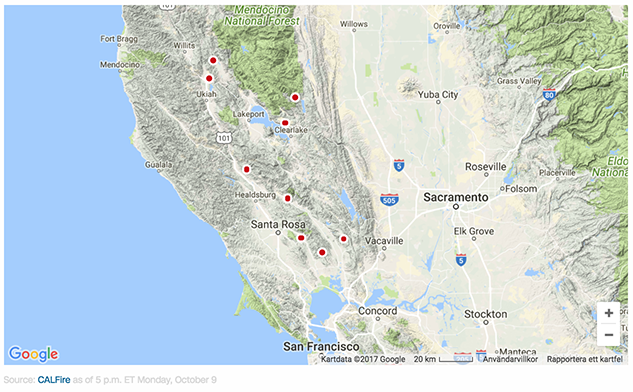 Kalifornien, bränderna 2017 - Kartkälla: CALFire
