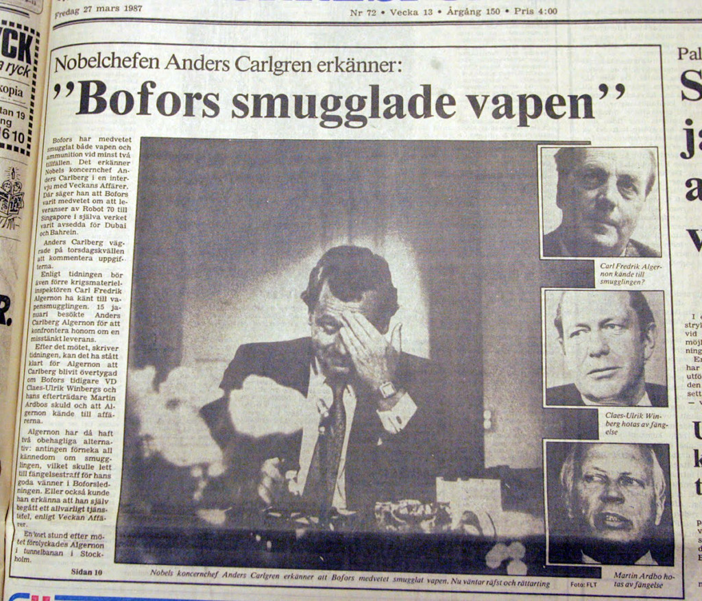 Svensk vapenexport - Faksimil från DN den 27 mars 1987: "Bofors smugglade vapen"