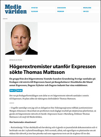 Expressens "president" Thomas Mattsson verkade tro att tidningen var under terrorattack - Faksimil MedieVärlden 23 mars 2018
