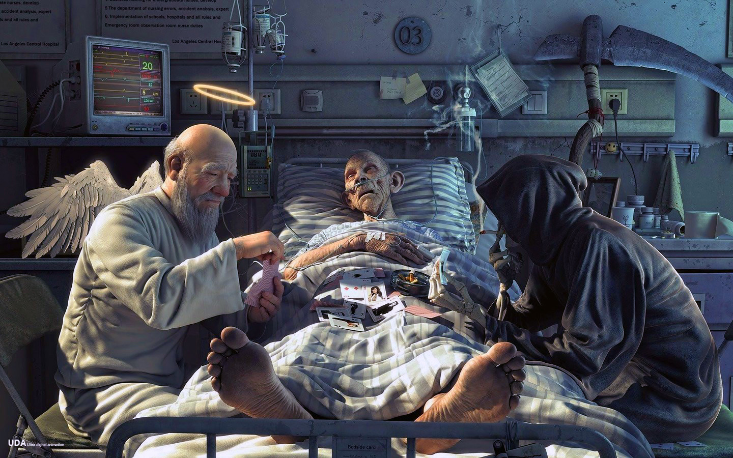 Liemannen och dödsängel spelar kort vid dödsbädd - Bild: HDQWalls.com