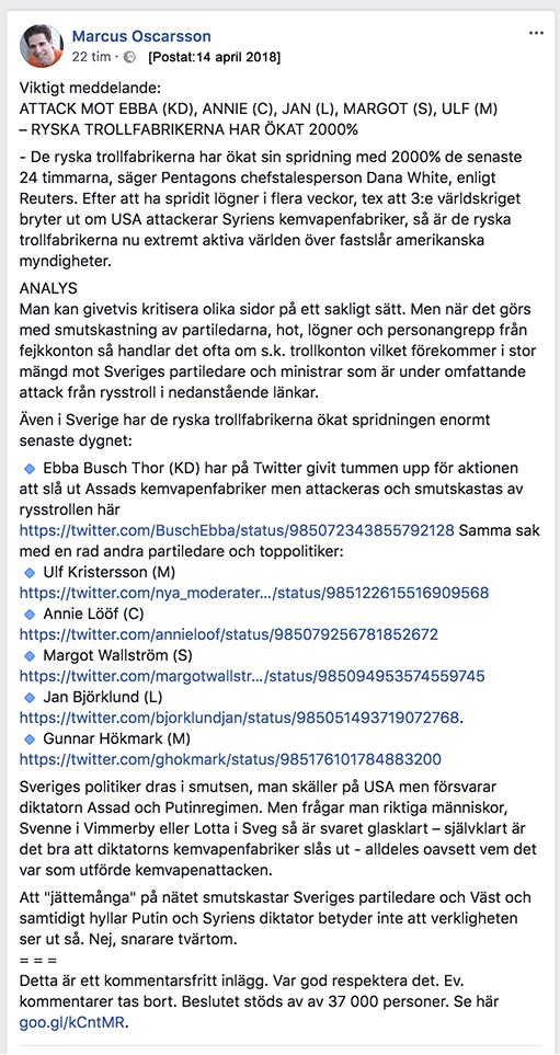 Marcus Oscarsson 14 april 2017 Facebook