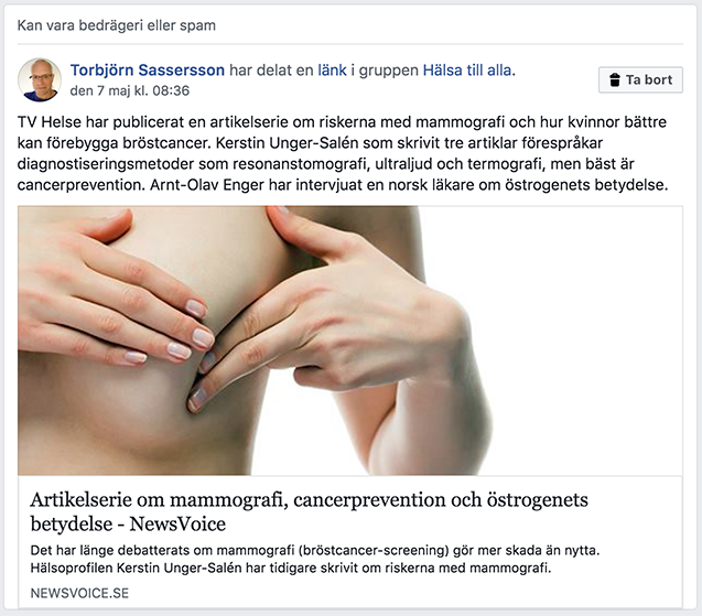 Facebook flaggade artikel om riskerna med mammografi som möjligt bedrägeri eller spam.