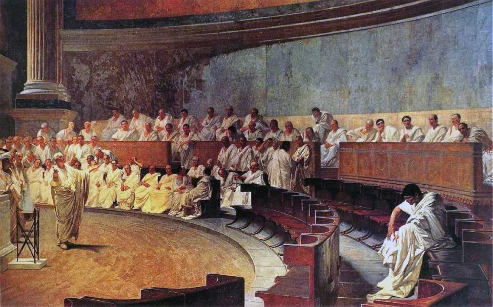 "Cicerone denuncia catilina". Målning av Cesare Maccari (1840-1919), public domain, Wikipedia