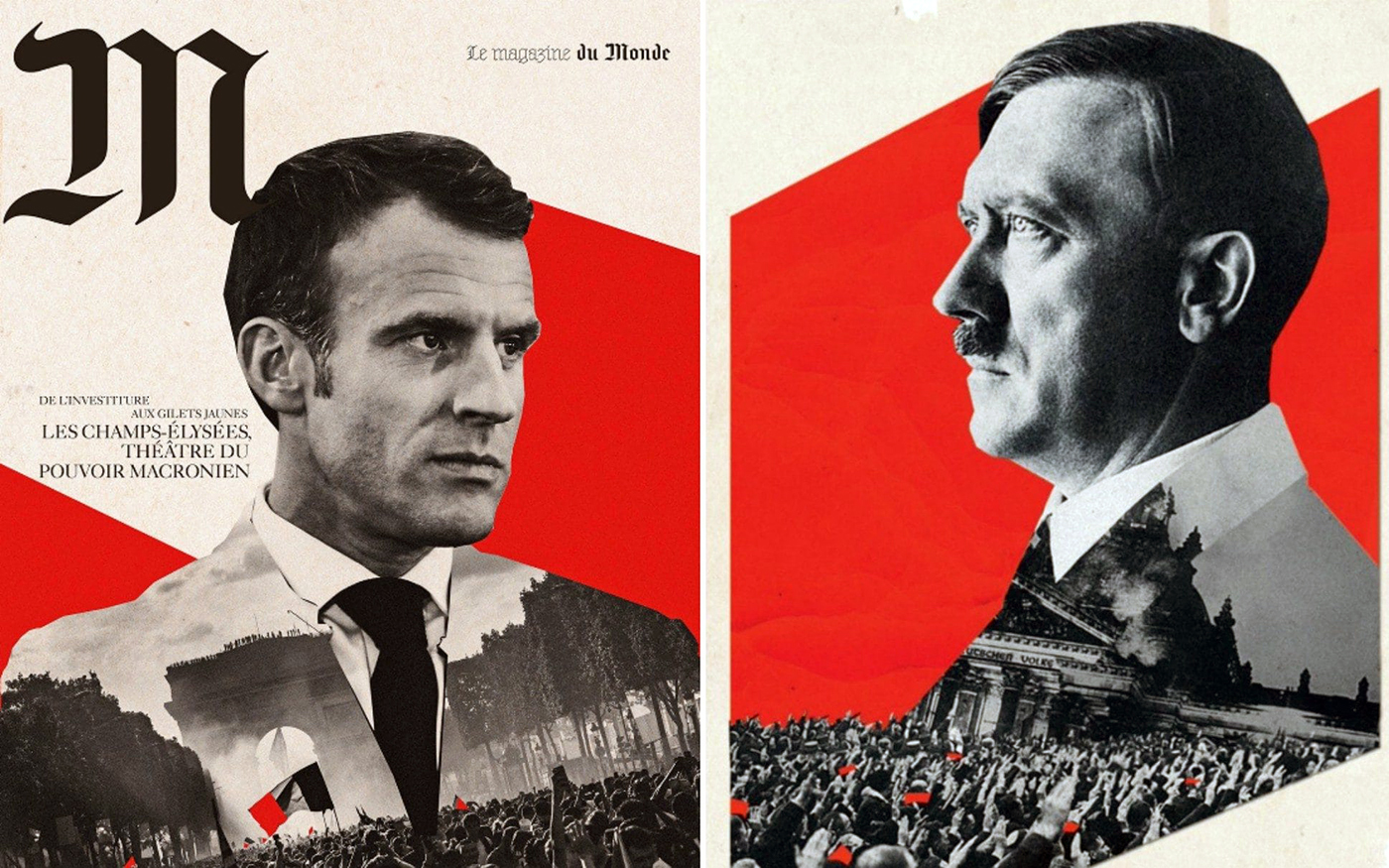 Emanuel Macron (Le Monde) och Adolf Hitler (Harpers Bazaar)