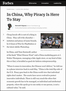 Forbes: "In China, Why Piracy Is Here To Stay"