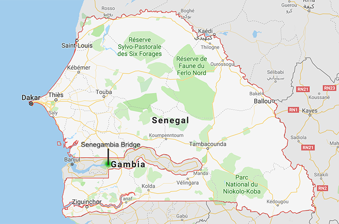 Gambia och Senegal. Google Maps