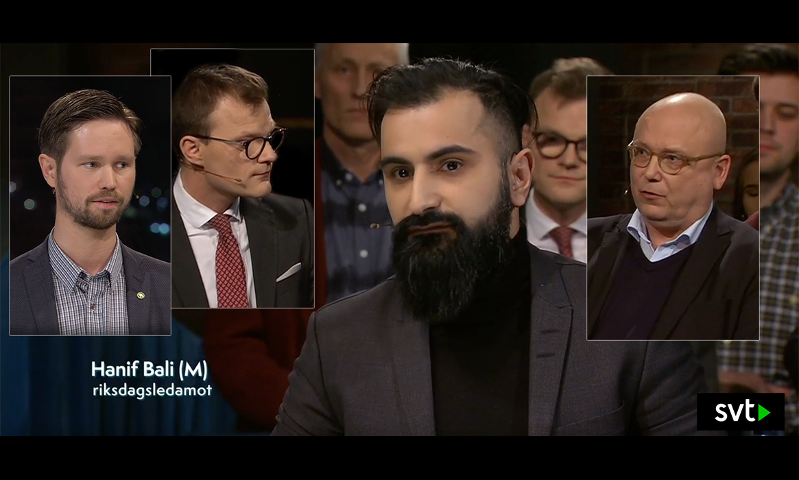 Hanif Bali med flera den 21 feb 2019. Foto: SVT Opinion. Montage: NewsVoice.se