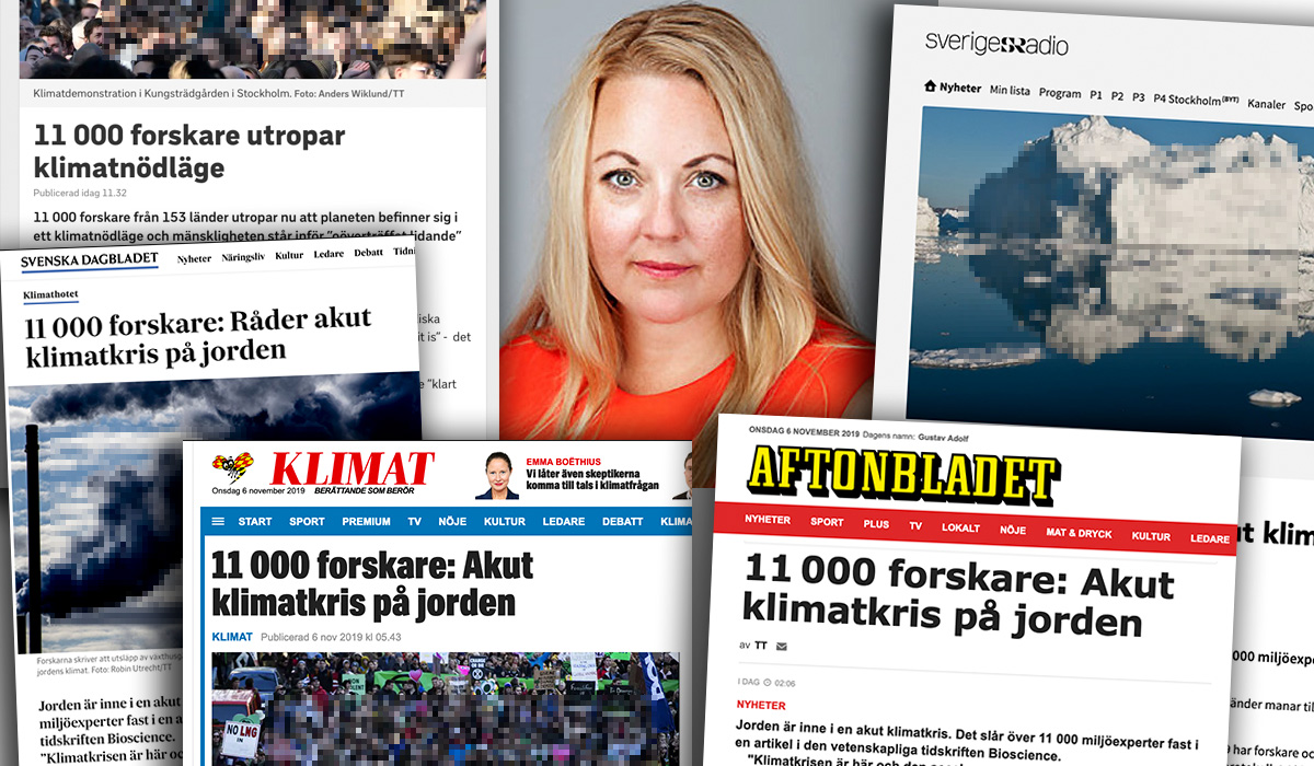Rebecca Weidmo Uvell kommenterar medierna om 11,000 p"klimatforskare". Montage: NewsVoice.se