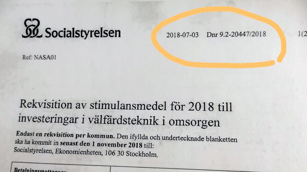 Socialstyrelsen: "Rekvisition av stimulationsmedel för 2018 till investeringar i välfärdsteknik i omsorgen". Dnr: 9.2-20447/2018