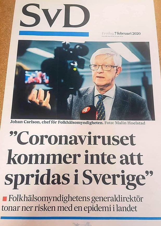 Chefen på Folkhälsomyndigheten Johan Carlsson och hans coronaprognos den 7 februari 2020. Källa: SvD