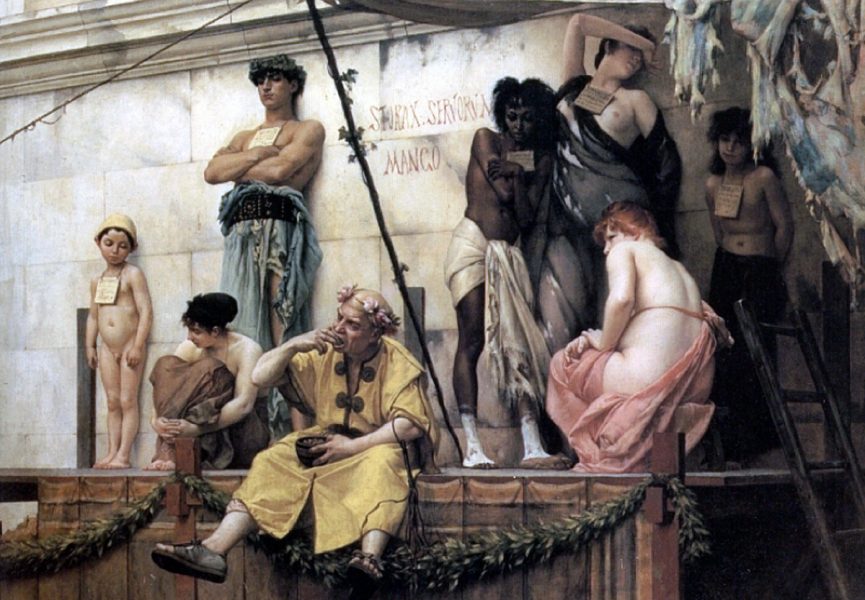 Slavmarknad (Le Marché aux esclaves). Målning av Gustave Boulanger (1824–1888). Foto: Zeeb. Licens: public domain (USA)