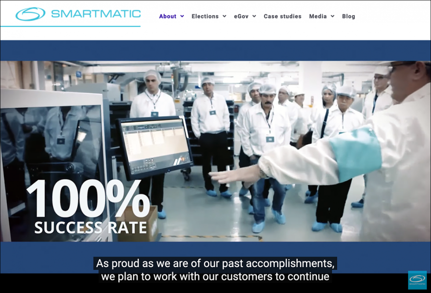 Skärmdump från Smartmatic hemsida med video.