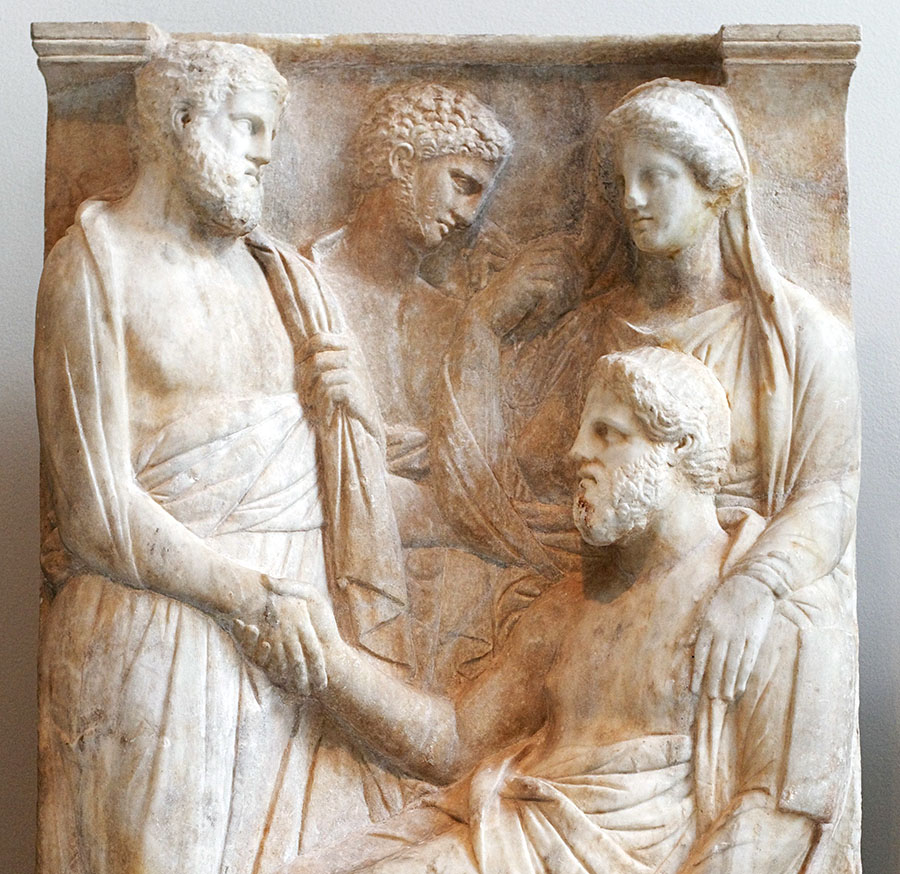 Avbildning av handskakning i Athen cirka år 360 före Kristus. Bild: Public domain