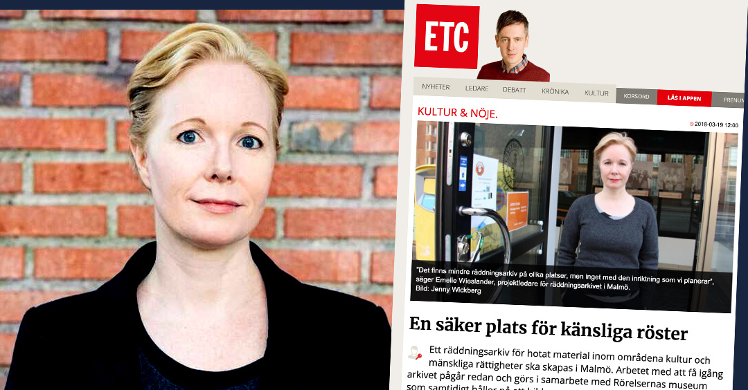Emelie Wieslander på Malmös stadsarkiv får moraliskt stöd av ETC:s chefredaktör Andreas Gustavsson.