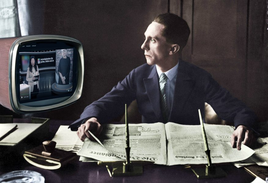 Joseph Goebbels kollar på SVT. Montage: NewsVoice baserat på arkivfoto, public domain och bild från SVT.