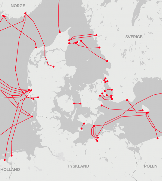 Källa: Submarine Cable Map. DR, Antalet kablar ändrar sig hela tiden. Grafik: Morten Fogde Christensen