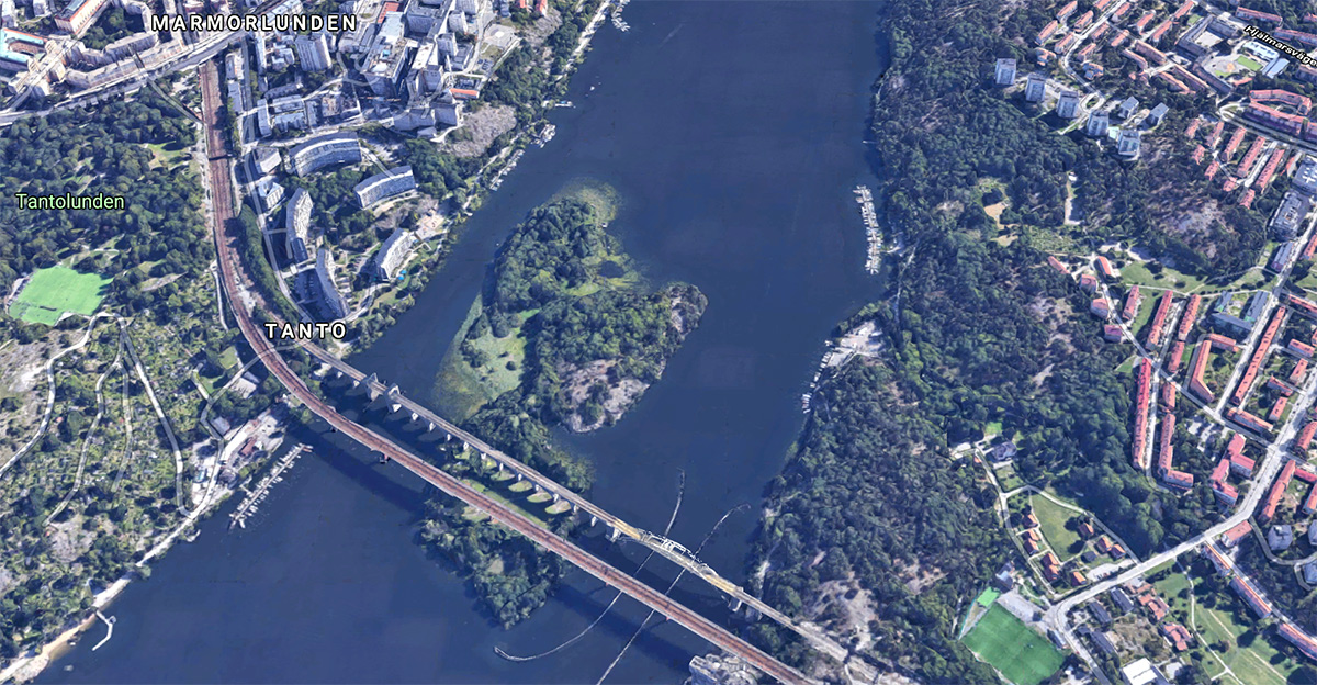 Årsta, holmar och Årstaskogen, 2021. Satellitfoto: Google Maps