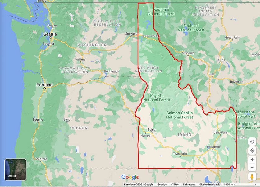 Idaho idag. Karta: Google Maps