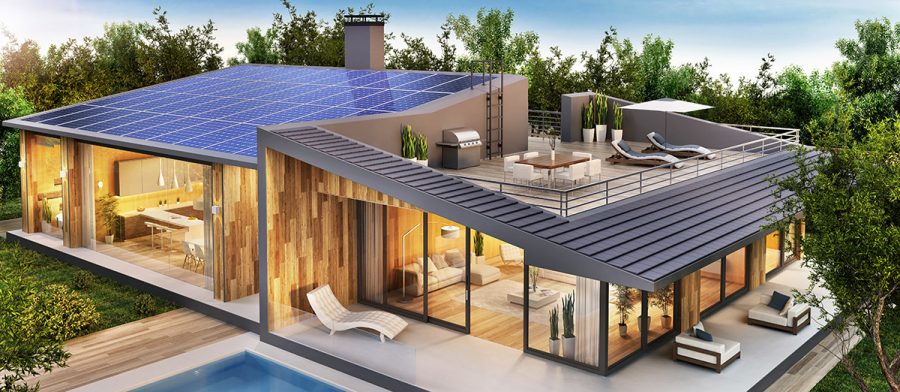 Preppad villa med solpaneler. 3D-bild: Slavun. Licens: Shutterstock.com