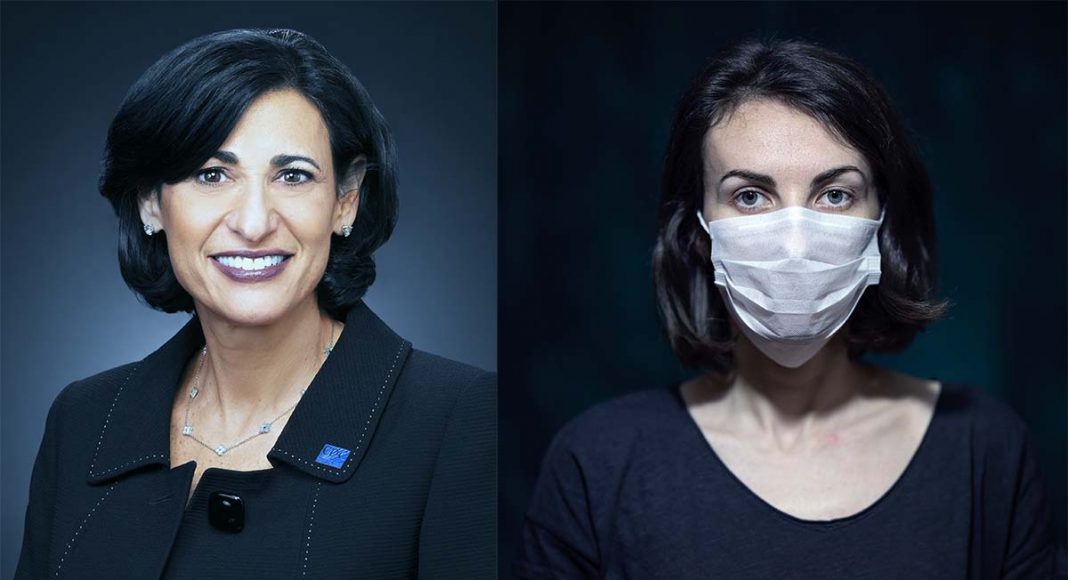 CDC direktören Rochelle Walensky vid sidan av en anonym kvinna med munskydd. Montage av pressfoto från CDC respektive foto av Engin Akyurt (licens: Unsplash.com)