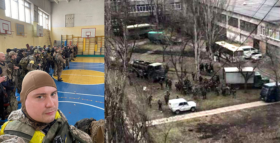 Ukrainas militär använder ofta skolor under kriget mot ryssarna, mars 2022. Pirvata foton.