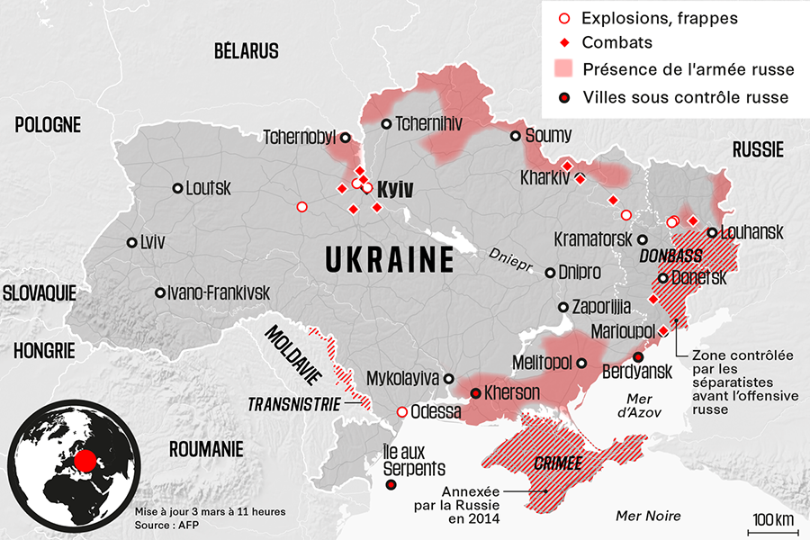 Ukraina 3 mars 2022. Infografik: Alice Clair, Julien Guillot