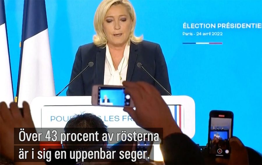 Le Pen 24 april 2022. Foto: SVT, public service