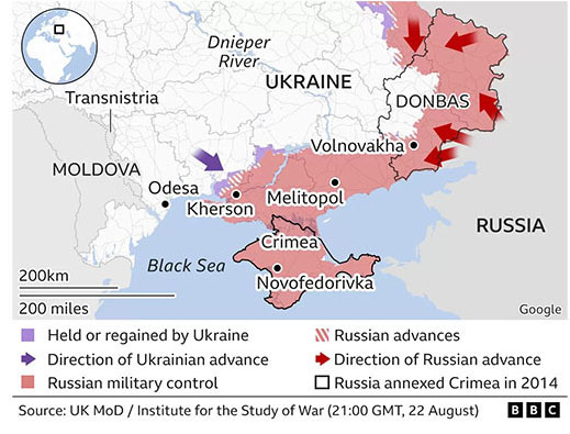 Kartbild på Ukraina från den 22:a augusti 2022. Grafik: BBC.com