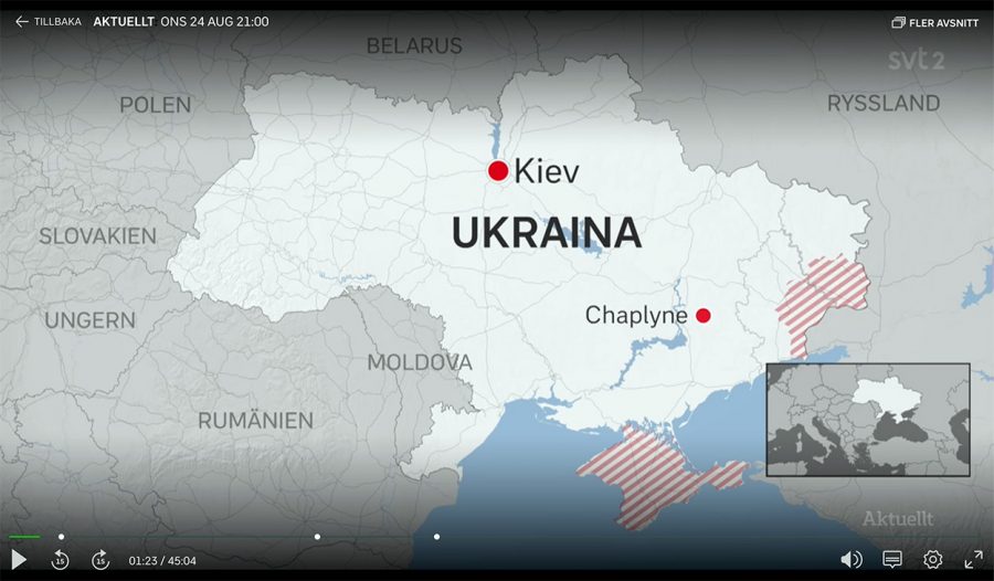 Aktuellt SVT visar missvisande karta på Ukraina 24:e augusti. Grafik: SVT
