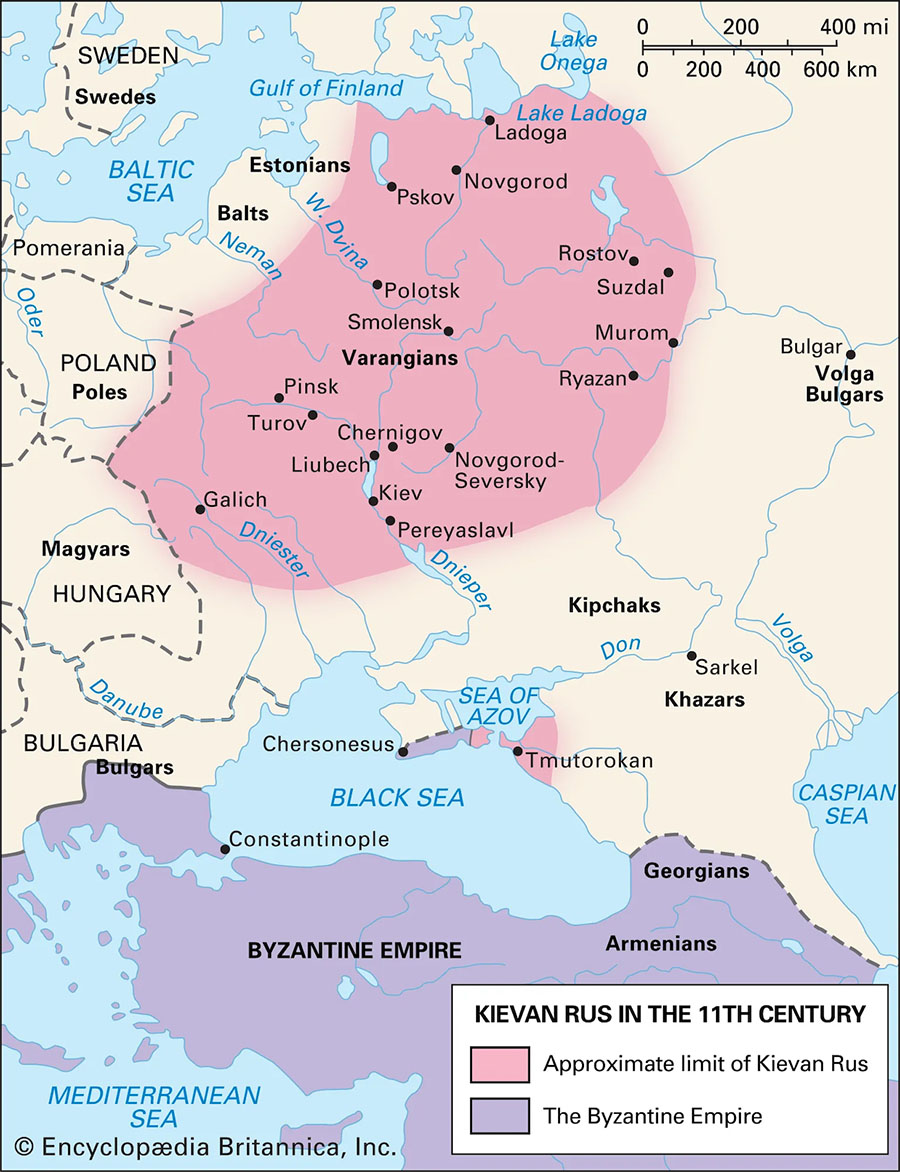 Det gamla Ryssland på 1100-talet med Kiev som huvudstad. Källa: Britannica.com