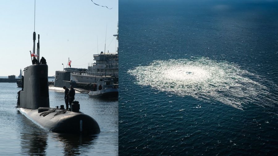 Polsk ubåt och bild på skadade pipelines (Nord Stream). Foton: polska flottan (http://www.wp.mil.pl) och danska försvarsmakten
