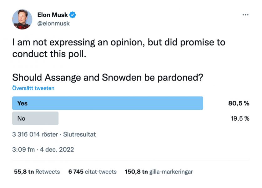 Elon Musk om Assange och Snowden. Bild från Twitter