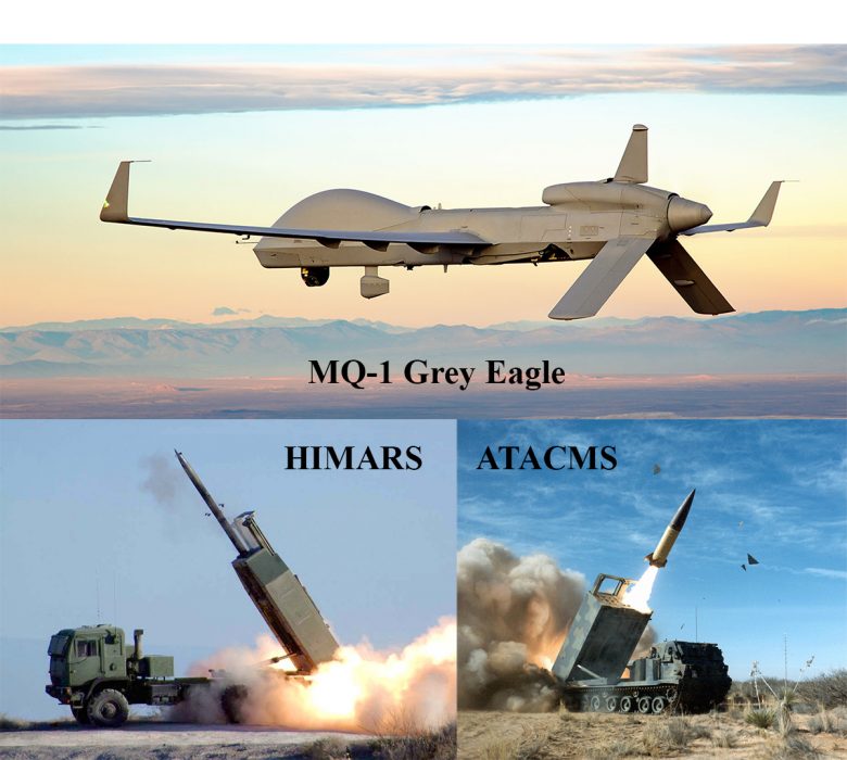 Bild: M142 HIMARS, MGM-140 ATACMS och Gray Eagle Extended Range. Montage: K. Hell. Foton från Wikimedia (Public Domain) och General Atomics Aeronautical