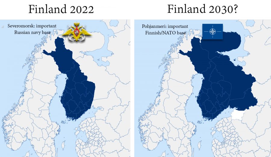 Finland före och efteratt Rysslandsstyckats upp av EU och NATO. Bild: K. Hell