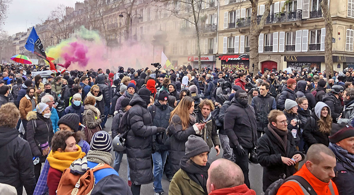 Protester i Paris mot pensionsreformen, 19 jan 2023.