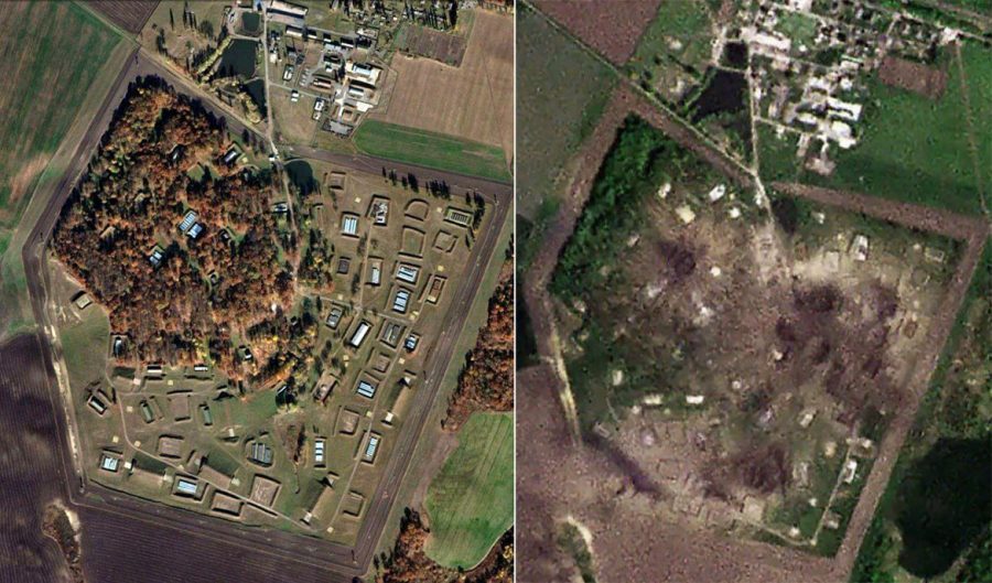 Flygfoton (före/efter) från Khmelnytsky, Ukraina visar effekterna av en rysk missilattack den 13 maj, 2023.
