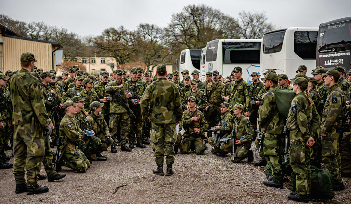 Soldater från Södra skånska regementet under mobilisering inför övningen Aurora 23. Foto: Felix Sundbäck, Försvarsmakten