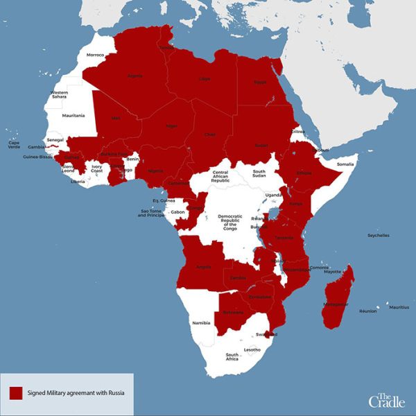 Rysslands militära avtal i Afrika, juli 2023. Illustration: The Cradle